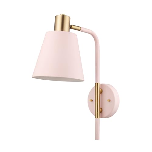 Globe Electric Cleo 1-Light Plug-in or Hardwire Wall Sconce, Blush Pink, Matte Brass Accents, Black Cloth Cord, Bulb Not Included