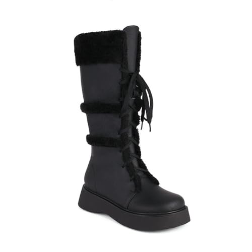 LeaHy Womens Knee High Mid Calf Boots Winter Warm Fur Lined Round Toe Platform Durable Outdoor Waterproof Lace-Up Boots,Black,5 UK