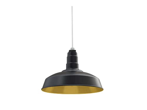 Image of Steel Lighting Co. Carson Barn Light | Ceiling Mounted Pendant | 16 inch Dome | White Cord | Industrial Style Steel Light Made in America | Matte Black Exterior /Brass Interior
