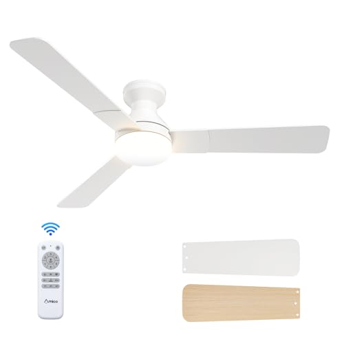 Image of Amico Ceiling Fans with Lights, 52 inch Low Profile Ceiling fan with Light and Remote Control, Flush Mount, Reversible, 3CCT, Dimmable, Noiseless, White Ceiling Fan for Bedroom, Indoor /Outdoor Use