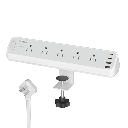 TESSAN Desk Clamp Power Strip 6 Ft, 2100J Surge Protector, 5 Outlets and 4 USB Ports (2 USB C), 1875W, 15A, Flat Plug Extension Cord with Multiple Outlets for Gaming Home Office Dorm Room 6 