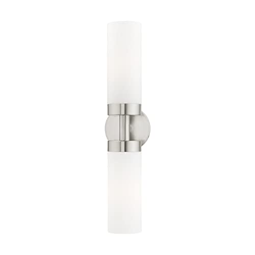 Image of Livex Lighting 15072-91 Aero Collection ADA 2-Light Bathroom Vanity Light with Satin Opal White Glass Cylinder Shades, Brushed Nickel, 19.25 x 4.25 | Dimensions: 19.25 x 4.25; Satin Opal White Glass Cylinder Shades