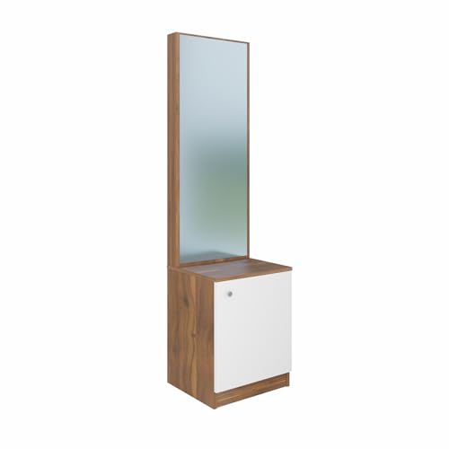 Image of VIKI | Engineered Wood Dressing Table 1 Door with Shelf, Mirror and Huge Storage Space | Vanity for Living Room, Bedroom (Brussel Walnut & Frosty White - 43.8W x 40D x 182.6H cms)