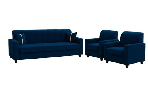 Image of FURNY Cosmos 5 Seater Fabric 3+1+1 Sofa Set (Dark Blue) Premium Velvet Finish | Durable Comfort | Ideal for Living Room, Office