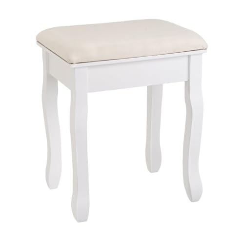 LOLAhome Banqueta de Tocador Blanca con Asiento Tapizado, Madera de Paulonia 50x30x39 cm, Estilo Clásico, Taburete para Dormitorio y Maquillaje