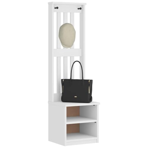 Cartvyn Perchero SANDNES blanco de madera de pino maciza, 45 x 40 x 159,5 cm, con espacio de almacenamiento y 3 ganchos para pasillo, pasillo, dormitorio, banco y zapatero