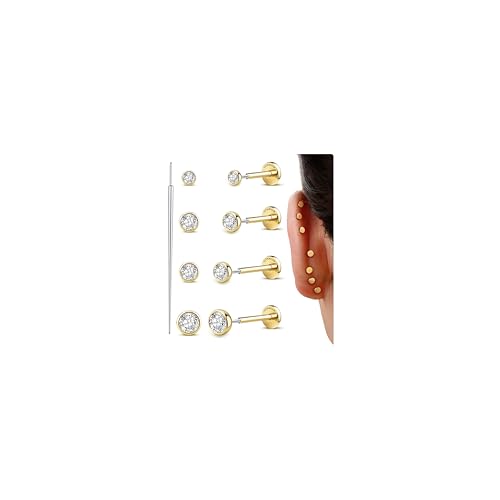 GEMQUEEN 4 Pairs G23 Titanium Flat Back Earrings Hypoallergenic 18G