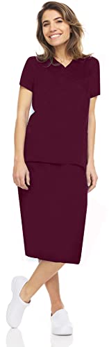 MediChic Womens Scrubs Set Stretch V-Neck Scrubs Skirt Set with 5-Pocket Knitwaist Scrub Skirt Wine 2X