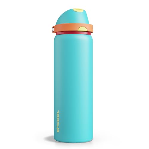 Image of Insulated Water Bottle with Straw - Encool Stainless Steel Water Bottle with Push Button Lid, Leak-Proof & BPA-Free, Keeps Cold for 24 Hours for Sports, Travel, Gym (32 oz, Cerulean Blue)