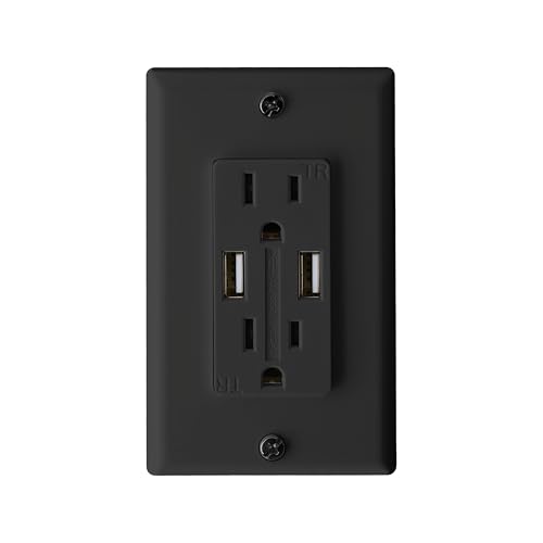 RV Designer S860 AC Dual Outlet with Cover & 2 USB Charge Ports Black