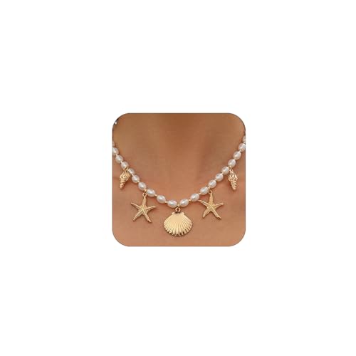 Gold Starfish Conch Oval Pearl SeaShell Necklace for Women Trendy, Statement Boho Shell Pearls Beaded Chain Necklaces Holiday Beach Party Jewelry