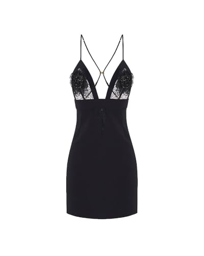 Elisabetta Franchi Vestido de doble crepé ligero con encaje y flores, Negro , 36