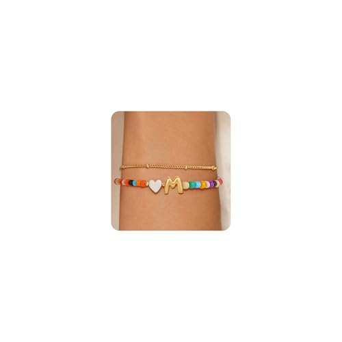 Image of Eaciy Colorful Initial Bracelets for Women Girls - 14K Gold Plated Heart Initial Letter Daint A-Z Charm Bracelet Summer Jewelry Teen Girl Gifts for Teen Kids