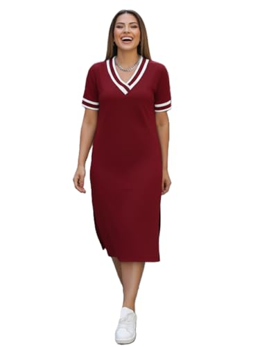Image of Women's V-Neck Sporty T-Shirt Dress | Stylish Striped Sleeve One Piece for Women | Casual Summer Knee Length Short Dress | Trendy Beach & Resort Wear Western Dress (26 D-1-3)