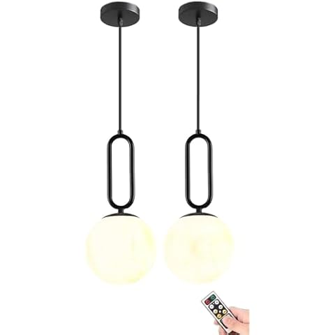 Battery Operated Pendant Lights Set of 2,USB Rechargeable Hanging Lamp with Remote Timer,Modern Black Globe Glass Pendant Lighting Fixture Indoor Chandelier for Bedroom Kitchen Island Dining Room Cover