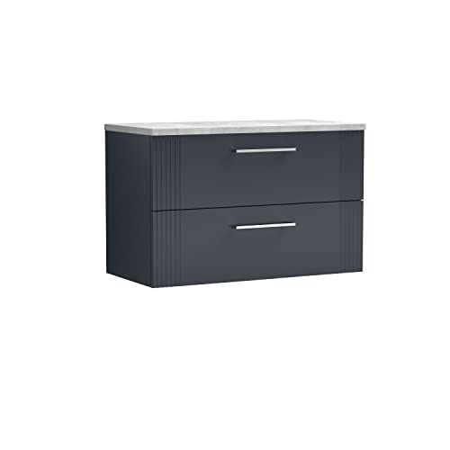 nuie DPF1495LBG Deco Modern Bathroom Wall Hung 2 Drawer Part Fluted Vanity Basin Unit with Laminate Bellato Grey Worktop, 800mm, Soft Black