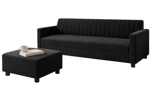 Image of Modern 3-Seater Velvet Sofa with Ottoman | Vertical Channel Tufted Backrest | Plush Cushioned Seating | Stylish Contemporary Sofa for Living Room, Bedroom & Office | Black
