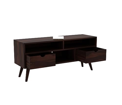 Image of Sheesham Wood TV Unit with 2 Drawers and 3-Shelf Storage - Perfect for Living Room - Fits up to 50-Inch TV (Medora, Walnut Finish)