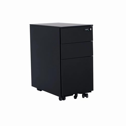 Office Furniture Online Mobile Pedestal - Karbon Essentials Slimline Metal Under Desk Storage Cabinet - With 3 Desk Drawers, Lockable - 600H x 300W x 520D mm (Black)