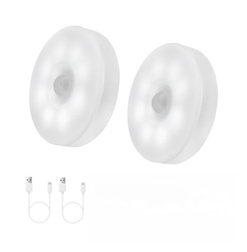 Motion Sensor Lights Indoor, LED Night Light Closet Lights, USB Rechargeable Wireless Closet Lights, Stick on LED Puck Light for Stairs, Under Cabinet, Closet (Cool White-2Pack)