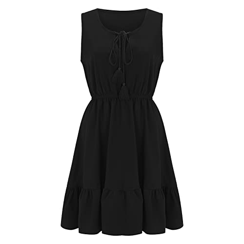 Summer Dresses For Women 2023 Casual Bohemian Style Tassle Tie Front Hollow Out Front Tiered Short Beach Dress Black #TOP6