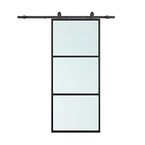 Calhome 30 in. x 84 in. Full Lite Frosted Glass Black Steel Frame Interior Sliding Barn Door with Hardware Kit and Door Handle