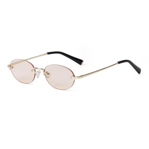 ADE WU Cute Oval Sunglasses for Women,Chic Rimless Narrow Oval Shape Sun Glasses,Gold-Champagne