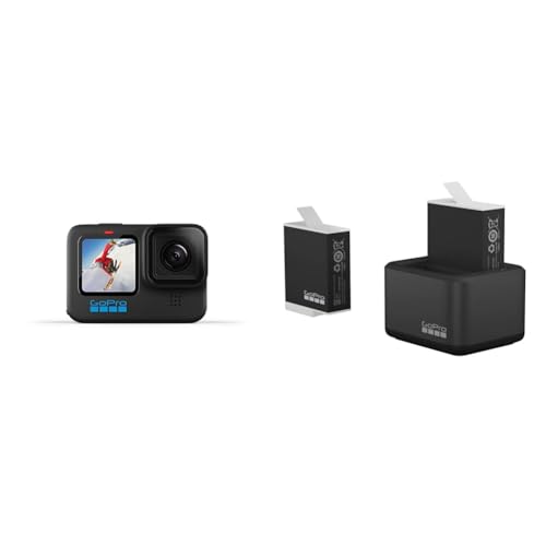 GoPro HERO10 Black - Cámara de acción a Prueba de Agua con LCD Frontal y Pantallas traseras táctiles & Cargador de batería Dual + 2 baterías Enduro (HERO11 Black/HERO10 Black/HERO9 Black)