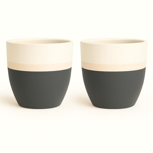 Image of Yo Green Ceramic Set of 2 Pot Indoor /Outdoor Plant - Modern Planter for Home and Office, Durable Ceramic, Stylish Finish with Vertical Ridges, Great Gift Idea (White /Grey)