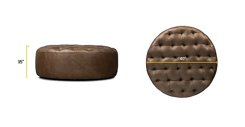 Image of Poly & BARK Ascot Ottoman - 40 inch Round Pouf with Feather-Down Topper - Full-Grain Leather Upholstered Pouf Ottoman for Living Room - Vintage Italian Leather in Cocoa Brown
