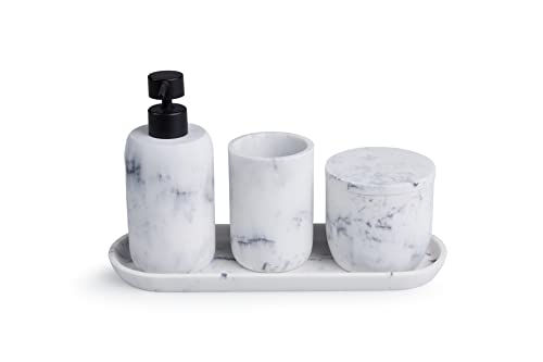 LIFA Bathing Juego de baño, Juego de 4 Piezas, Vaso para Cepillo de Dientes, Jabonera, Dispensador de jabón, Bandeja, Recipiente con Tapa, Efecto mármol Blanco y Gris