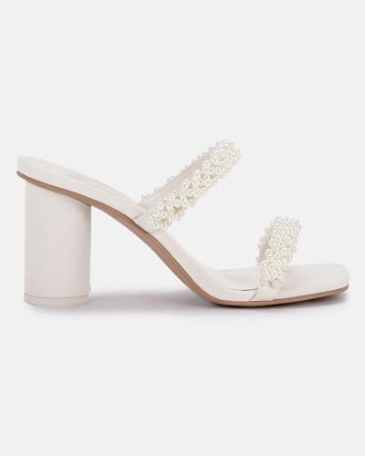 Womens Chunky Heeled Sandals Pearl Strappy Open Square Toe Slip-on Block Heels Backless Mules Shoes4