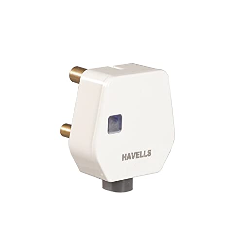 Havells 6A 3Pin Fire Retardant Polycarbonate(Unbreakable) Flat Plug Top with Indicator Constitute Heavy Brass Parts & Have Longer Durablity,Elegent Design with Glossy Finish Cord Grip Provided (White)