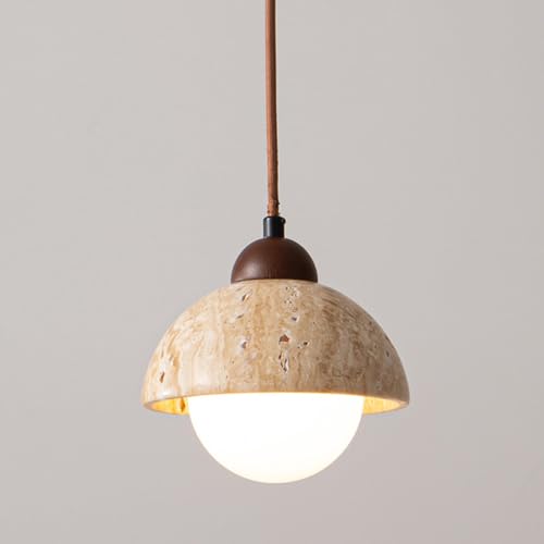 Suspension en marbre, bois rustique et verre de lait blanc