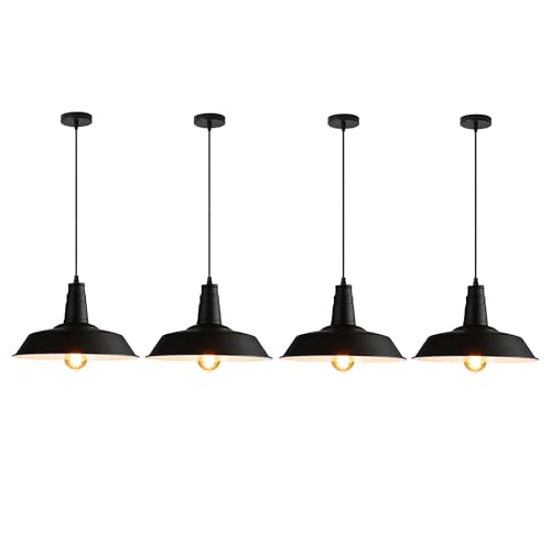 WDLT 4 Pack Farmhouse Pendant Light Vintage Black, Kitchen Island Pendant Lighting 14 inch lampshade, Loft Metal Industrial Pendant Light, Adjustable Hanging E26 Light Fixtures, Bulbs Not Included