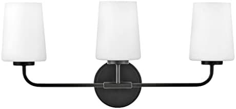 Lark Kline 853453BK Three-Light Bath Vanity Fixture - Sleek, Tapered Etched Opal Glass Shades, Mount Up or Down, Damp Rated, Mounting Hardware Hidden, Transitional - Black Finish