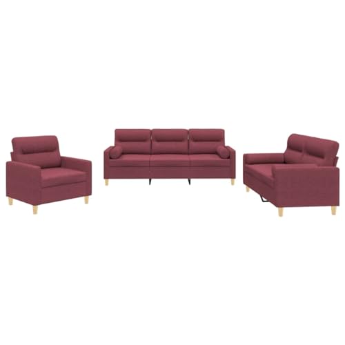 vidaXL Sofagarnitur 3-TLG., Sessel Couch mit Kissen, Sofa Wohnzimmersofa mit Armlehnen, Couchgarnitur Designsofa Sitzmöbel Polstermöbel, Weinrot Stoff