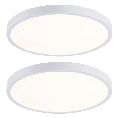 Image of 14 Inch LED Flush Mount Ceiling Light, Slim Dimmable Ceiling Light for Kitchen, Bedroom, Metal and Glass, Low Ceiling, White, 26W, 3000K, 2 Pack