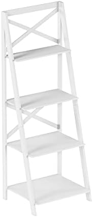 Lavish Home 4-Tier Ladder Bookshelf – Freestanding Wooden Bookcase – X-Back Frame and Leaning Look Decorative Shelves for Home and Office (White) Set of 1