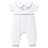 IBTOM CASTLE Newborn Infant Baby Boy Christening Baptism Outfit Short Sleeve Cross Bodysuit Jumpsuit Summer Casual Overalls White-grey 18-24 Months