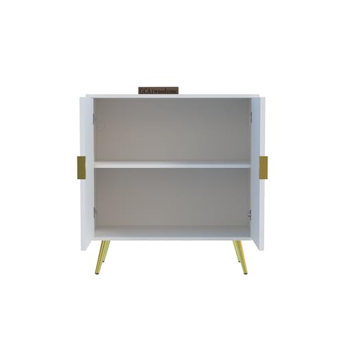 Image of Wooden Fluted Design Storage Cabinet with 2 Doors | Modern Sideboard Cabinet for Living Room, Bedroom & Entryway | Multipurpose Organizer Cupboard | HDMR Premium Wood | Gold Metal Legs (White)