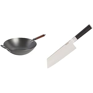 Babish Carbon Steel Flat Bottom Wok and Stir Fry Pan, 14-Inch & High-Carbon 1.4116 German Steel Cutlery, 7.5″ Clef (Cleaver + Chef) Knife, Good Housekeeping Standout Knife of 2022