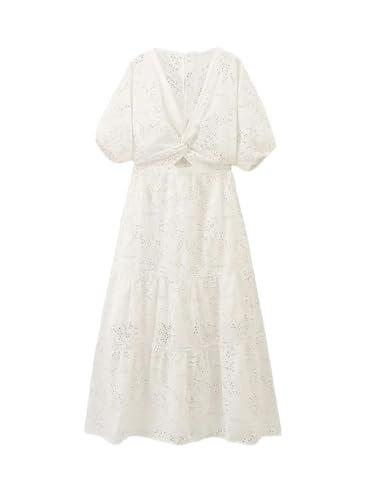 Vestido de nudo bordado calado con cuello en V, manga corta, cintura elástica, blanco, XS