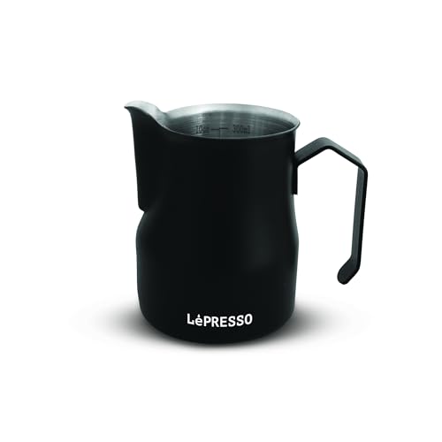 Lepresso Milk Frothing Pitcher (350ml/12oz), Black Stainless Steel Steaming Jug for Latte Art, Coffee & Cappuccino - Barista Tool with Measurement Markings & Art Pen
