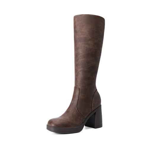 DREAM PAIRS Knee High Boots for Women Platform Square Toe Chunky Block Heeled Gogo Boots with Side Zipper,Size 7.5,Brown,DWUMKB2541