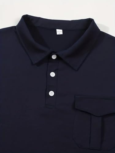 Men's Casual Polo Shirts Classic Long Sleeve Button Polo T Shirt Basic Solid Color Golf Shirts with Pocket4