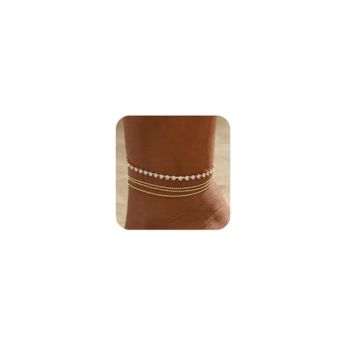 Image of 2 /3 PCS Gold Anklets for Women Waterproof Cuban Link Anklet Beaded Bracelets Stackable Bracelets 14K Gold Plated Custom Jewelry Gifts Non Tarnish Lightweight