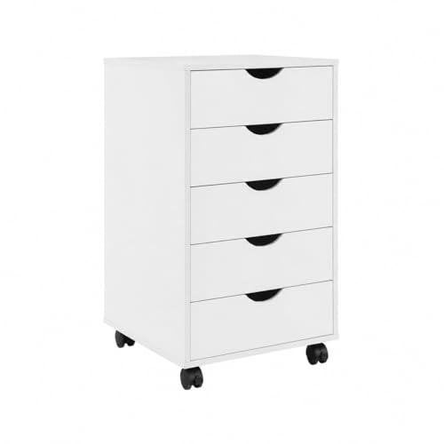 Image of Naomi Home Under Desk Office File Cabinet with 5 Drawers, Rolling Storage Organizer with Lockable Wheels, Handle-Free Design & Spacious Top Surface, Compatible Cabinet for Home Office - White