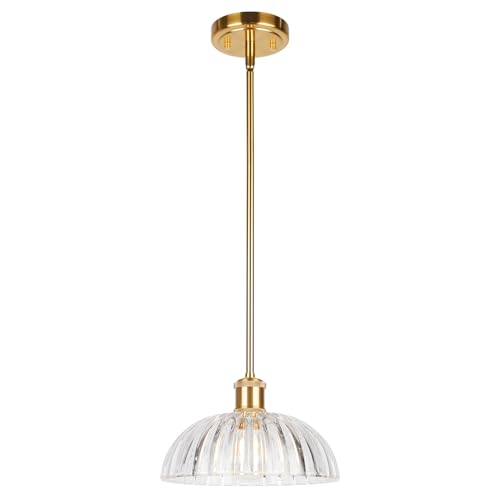 Image of JYO 10 inch Gold Pendant Light, Vintage Single Pendant Light Fixtur with Ribbed Glass, Pendant Light for Kitchen Island Bedroom Hotel Living Room