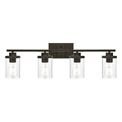 QueeuQ Bathroom Vanity Light Fixtures Oil Rubbed Bronze Finished 4-Light with Clear Glass Shade Contemporary Wall Sconces Bathroom Lighting Wall Mount Lamp for Kitchen Entryway Living Room Hallway